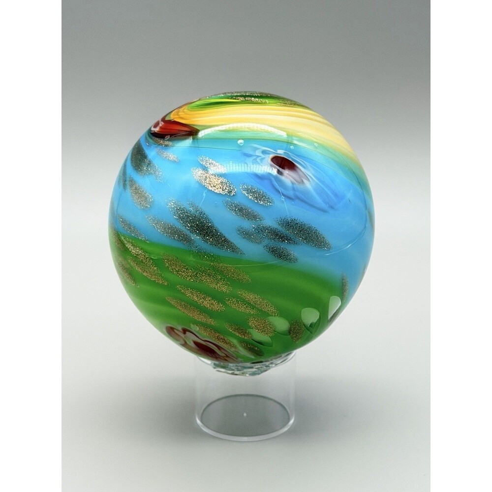 Venetian Style Art Glass Orb Paperweight Hand Blown Sphere Gold Swirl Aventurine
